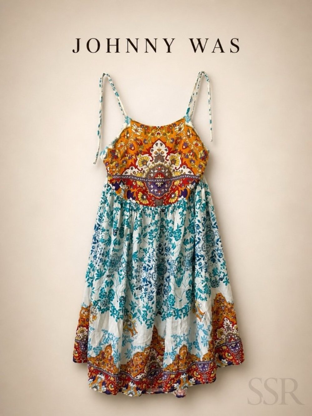 Johnny Was Ellyo Halter Mini Dress Size L Multicolor Boho Print Tassel 100% Visc